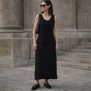 Claudia D Black Sleeveless Knit Midi Dress 90s Minimalist Button Back S